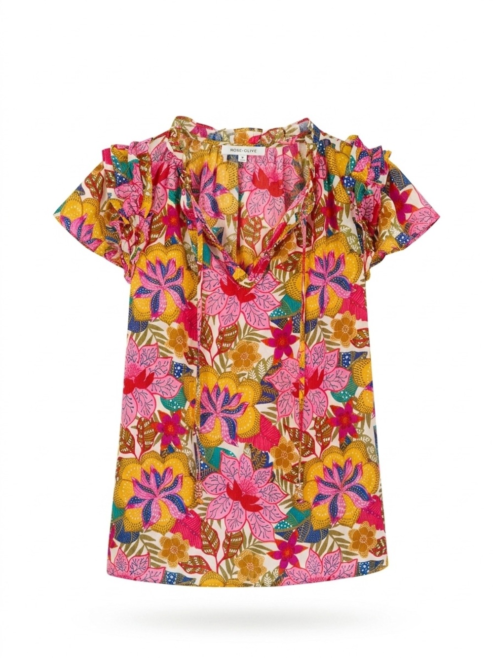 Rose + Olive Floral Boho Blouse Flutter Sleeve Split V-Neck Tassel Tie Size Med